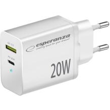 Esperanza Lādētājs EZC105W, 20W, balts, 100-240V, 50-60Hz, 1xUSB Type-C, 1xUSB Type A, ātrā uzlāde, pārslodzes aizsardzība