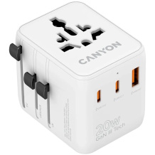 Compact travel charger with 20 W maximum power and compatibility with EU UK US AUS sockets OnTour 20 EU UK US AUS 20W White CNS-TA20W1005W CANYON