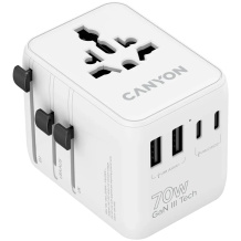 Compact travel charger with 70 W maximum power and compatibility with EU UK US AUS sockets OnTour 70 EU UK US AUS 70W White CNS-TA70W1006W CANYON