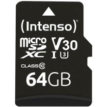 Intenso mälukaart MicroSDXC 3433490 64 GB, lugemiskiirus 100 MB/s, kirjutamiskiirus 45 MB/s, UHS 3, V30, adapter