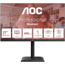 Aoc LCD monitors U27E4CV, 27", 3840 x 2160 px, 400 cd/m², 60 Hz, 4 ms, 2xHDMI, USB-C PD 90W, IPS, melns