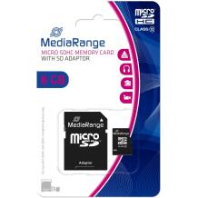 Mediarange mälukaart micro SDHC 8GB MR957, 8 GB, klass 10, lugemiskiirus kuni 15 MB/s, kirjutamiskiirus 10 MB/s, must