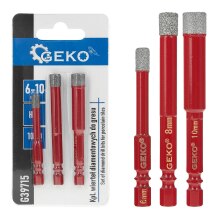 3 vnt. deimantinių grąžtų rinkinys plytelėms 6-10mm HEX, GEKO, G39715, Sausas gręžimas, 1/4” HEX kotas, 1000 aps./min