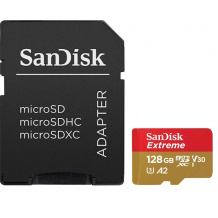 microSDXC Extreme atminties kortelė 128GB veiksmo kameroms ir dronams su SD adapteriu iki 190MB/s A2 Class 10 V30 UHS-I U3 SDSQXAA-128G-GN6AA SanDisk