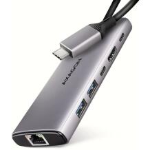 Axagon USB хаб HMC-6G2L 10Gbps, 2x USB-A, 1x USB-C, 1x HDMI, 1x RJ-45, 0.15m кабель питания