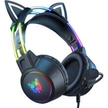 Onikuma žaidimų ausinės X15 PRO Cat Black, 50mm, 15Ω, 102dB, 2m, USB + 3.5mm, ergonomiškos, RGB apšvietimas