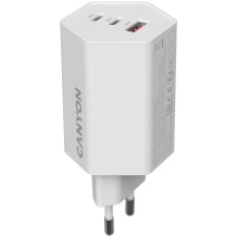 Compact wall charger with GaN technology 65 W total power 2×PD and 1×QC fast charging ports HEXAGON 65 GaN 65W EU White CND-CHAHEX65W CANYON