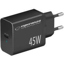 Esperanza Lādētājs EZC108K, 45W, melns, 100-240V, 50-60Hz, 1x USB Type-C, Power Delivery, pārkaršanas aizsardzība