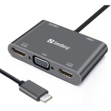 Sandberg Dokstacija 136-35, 2xHDMI, 1xVGA, 1xUSB 3.0 A, USB-C PD 100W, alumīnijs, 4K/30Hz