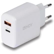 Lindy laadija 73428 65W, 100-240V, 20V, 2 USB porti, kiire laadimine, ülekoormuse kaitse, valge