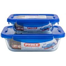 Pyrex Стеклянные контейнеры с крышкой 33912S904 2шт, h5x20x15cm 0.8L, h7x25x19cm 1.9L, закаленное боросиликатное стекло