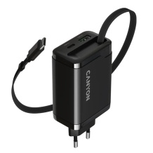 Kompaktne seinalaadija integreeritud USB C kaabliga 65 W koguvõimsusega 1×PD ja 1×QC kiirlaadimisportiga OnCharge 65RC Build In Cable EU Must CNS-CURC65ACB CANYON