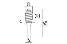 Flame rotējošais frēzēšanas uzgalis H 8×20, HOGERT, HT6D597, volframa karbīds, 6 mm kāts, 0-19000 RPM