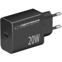 Esperanza Lādētājs EZC104K, 20W, melns, 100-240V, 50-60Hz, 1xUSB-C, ātrā uzlāde, pārkaršanas aizsardzība