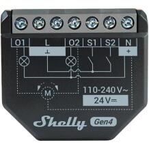 Shelly Valdiklis 2PM Gen4, 110-240 V~, 24 VDC, 8 MB, 10 A kanale, 240 V~, < 1.4 W, signalo stiprintuvas, Bluetooth vartai