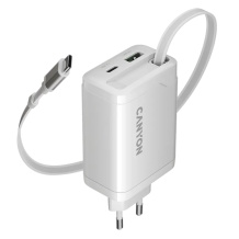 Compact wall charger with built in USB C cable 65 W total power 1×PD and 1×QC fast charging port OnCharge 65RC Build In Cable EU White CNS-CURC65ACW CANYON