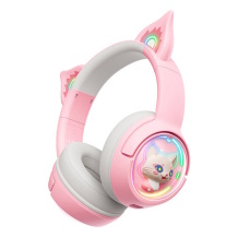 Onikuma B5 Pink spēļu austiņas bezvadu/vadu Bluetooth 5.3 ar RGB apgaismojumu “kaķa ausis”, mikrofons, 50 mm skaļruņi līdz 8 st akumulatora darbības laiks rozā