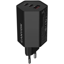 Compact wall charger with GaN technology 65 W total power 2×PD and 1×QC fast charging ports HEXAGON 65 GaN 65W EU Black CND-CHAHEX65B CANYON