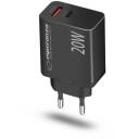 Esperanza Lādētājs EZC105K, 20W, melns, 50-60Hz, 100-240V, 1xUSB Type-C, 1xUSB Type A, ātrā uzlāde, pārkar&scaron;anas aizsardzība