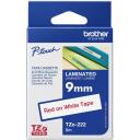 Brother TZe-222 laminaatlint, 8 m, 9 mm, punane valgel, termiline &uuml;lekandetehnoloogia, &otilde;lile vastupidav, veekindel, UV-kindel
