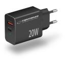Esperanza Lādētājs EZC105K, 20W, melns, 50-60Hz, 100-240V, 1xUSB Type-C, 1xUSB Type A, ātrā uzlāde, pārkar&scaron;anas aizsardzība