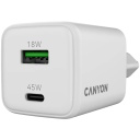 Compact wall charger with GaN technology 45 W total power 1×PD and 1×QC fast charging port CU45AC EU White CNS-CUW45AC CANYON