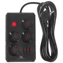 Maclean pagarinātājs MCE393 B, 2500W, 3m, 4x F, 3x USB A, melns, 110-240V AC 50/60Hz, slēdzis