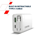 Compact wall charger with built in USB C cable 65 W total power 1×PD and 1×QC fast charging port OnCharge 65RC Build In Cable EU White CNS-CURC65ACW CANYON