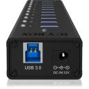 Raidsonic USB centrmezgls IB-AC6110, 10x USB 3.0, AC 120/230 V, melns, alumīnija korpuss, Plug & Play
