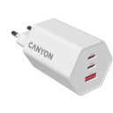 Compact wall charger with GaN technology 65 W total power 2×PD and 1×QC fast charging ports HEXAGON 65 GaN 65W EU White CND-CHAHEX65W CANYON