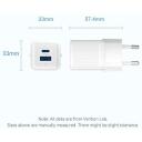 Vention laadija FEQW0-EU 30W PD kiire laadimine, 2 USB porti, AC, valge, GaN tehnoloogia