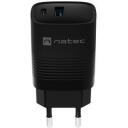 Natec Lādētājs NUC-2141, 30W, 110-240V, 50/60Hz, 3A, 1xUSB-A, 1xUSB-C, melns, ātrā uzlāde