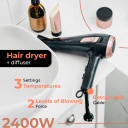 Matu fēns ar 2400 W jaudu 3 temperatūras režīmiem izvelkamu strāvas vadu un difuzora uzgali melns zelta roze AD2283 Adler