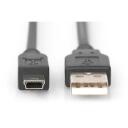 Digitus Savienojuma kabelis, 1.8 m, AK-300108-018-S, USB Type A uz USB Mini B, 1.8 m, melns, veidots, USB kabelis
