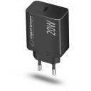 Esperanza Lādētājs EZC104K, 20W, melns, 100-240V, 50-60Hz, 1xUSB-C, ātrā uzlāde, pārkar&scaron;anas aizsardzība