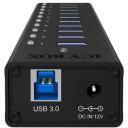 Raidsonic USB centrmezgls IB-AC6110, 10x USB 3.0, AC 120/230 V, melns, alumīnija korpuss, Plug & Play