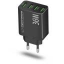 Esperanza Lādētājs EZC107K, 36W, melns, 50-60Hz, 100-240V, 4xUSB A, ātrā uzlāde, pārkar&scaron;anas aizsardzība