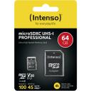 Intenso atminties kortelė MicroSDXC 3433490 64 GB, skaitymo greitis 100 MB/s, ra&scaron;ymo greitis 45 MB/s, UHS 3, V30, adapteris