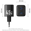 Vention įkroviklis FEFB0-EU 45W, 100-240V, 2 USB-C, greitas įkrovimas, universali suderinamumas, juodas