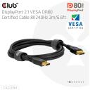 Club3D DisplayPort 2.1 CAC-1094 kaabel 2m, 80 Gbit/s, 8K240Hz, sirge pistik, 26 AWG, must