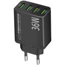 Esperanza Lādētājs EZC107K, 36W, melns, 50-60Hz, 100-240V, 4xUSB A, ātrā uzlāde, pārkar&scaron;anas aizsardzība