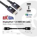 Club3D DisplayPort kabelis CAC-1060 3m, 28AWG, 32.4Gbps, 7680x4320, HBR3, taisns kontakts, latching savienotāji