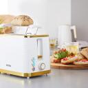 Petra Tosteris PT5032WVDE, 930W, balta, zelta, elektroniskā vadība, atkausē&scaron;ana, izņemama drupaču paplāte, atkārtota sildī&scaron;ana