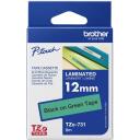 Brother TZe-731 laminēta lente, 8 m, 1,2 cm, melns uz zaļa, termiskā pārnese, izturīgs pret skrāpējumiem, ūdensizturīgs