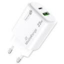 Mediarange strāvas adapteris MRMA112-2 25W, 1x USB-C, 1x USB-A, ātrā uzlāde, balts, polikarbonāts
