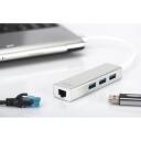 Digitus 3-port USB centrmezgls un Gigabit LAN adapteris DA-70250-1, 3xUSB 3.0, 1xRJ45, 1000 Mbps, plūsmas kontrole, WOL