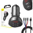 Baseus automobilių įkroviklis su ekranu TZCCBX-0G, 24W, 2xUSB, 4.8A, 1.2m 3-in-1 laidas, aliuminis, nailonas