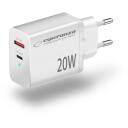 Esperanza Lādētājs EZC105W, 20W, balts, 100-240V, 50-60Hz, 1xUSB Type-C, 1xUSB Type A, ātrā uzlāde, pārslodzes aizsardzība