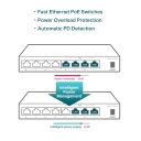 8-Port 10/100Mbps stalinis jungiklis su 4-Port PoE, TP-Link, TL-SF1008LP, 8&times; 10/100 Mbps, 4&times; PoE, 41 W