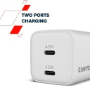 Compact wall charger with GaN technology 45 W total power and 2×PD fast charging ports CU45CC EU White CNS-CUW45CC CANYON